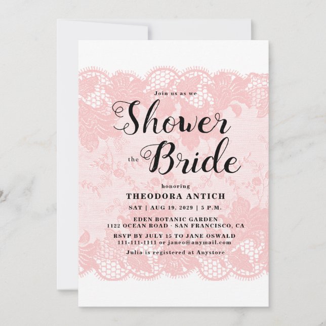Convite Budget Pink Lace Bridal Shower Invitation (Frente)