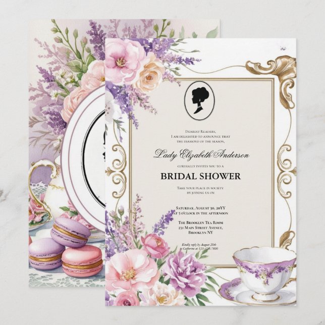 Convite Budget Purple Florals Bridgerton Bridal Shower (Frente/Verso)