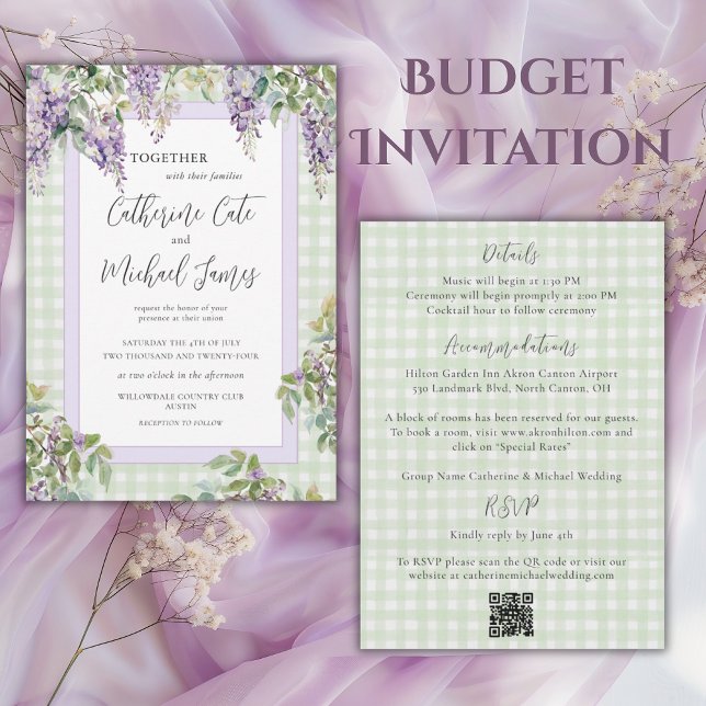 Convite Budget Purple Lilac Greenery Elegant Wedding (Criador carregado)