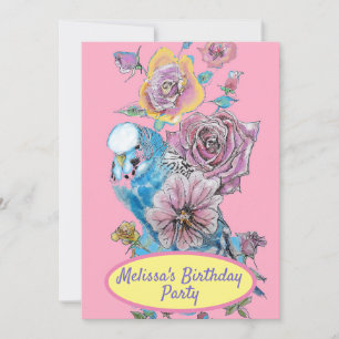 Convite Budgie Blue Bird Aniversário Crianças Meninas Rosa