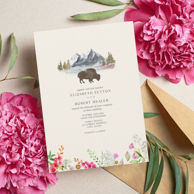Convite Buffalo Bison Watercolor Mountain Floral (Criador carregado)
