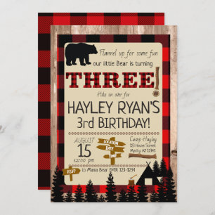 Convite Buffalo Check Flannel Little Bear aniversário de 3