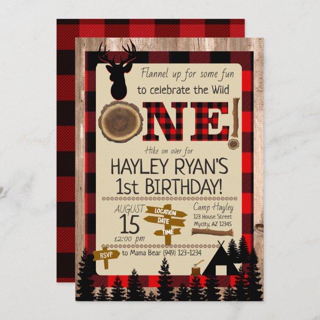 Convite Buffalo Check Flannel Wild One Deer primeiro anive (Frente/Verso)