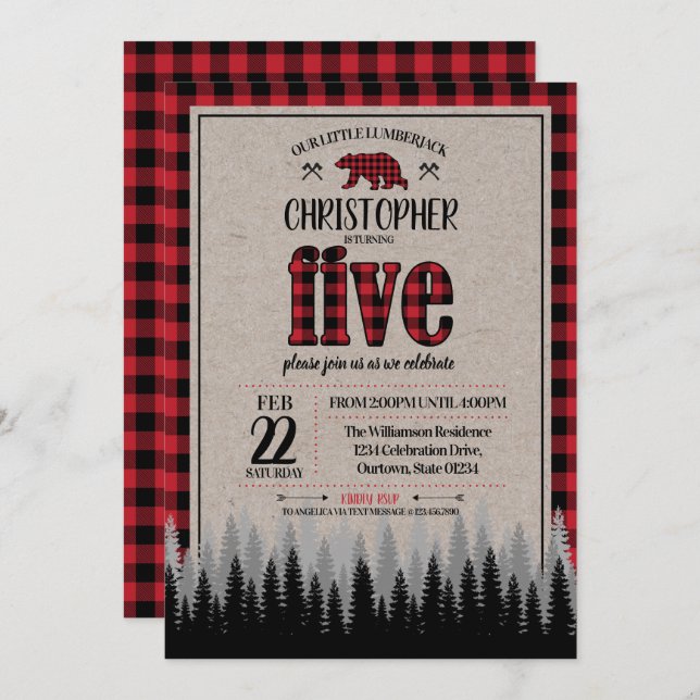 Convite Buffalo Check Lumberjack Boy's 5 Birthday (Frente/Verso)