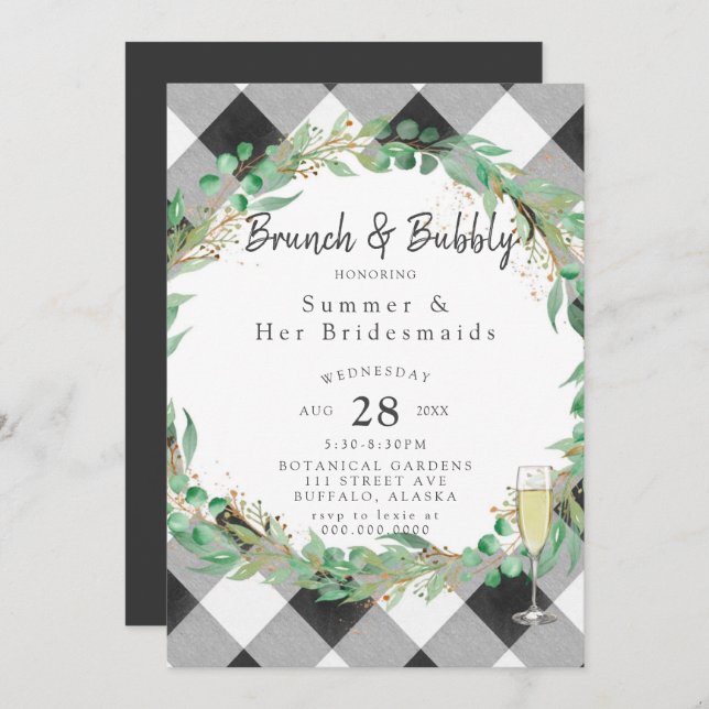 Convite Buffalo Xadrez Wreath Dourada Bridesmaids Luncheon (Frente/Verso)