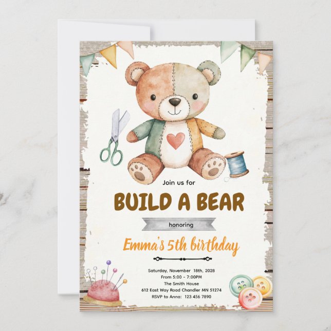Convite Build-A-Stuffy Birthday party Invitation (Frente)