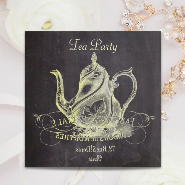 Convite bule de chá country francês festa de chá em quadro (french country teapot chalkboard tea party invitation)