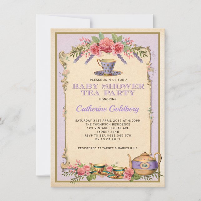 Convite Bule de chá da festa do bebê do Floral Roxo (Frente)