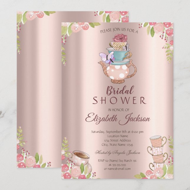 Convite Bule de chá de flores de aquarela em rosa dourado  (Frente/Verso)