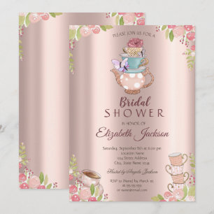 Convite Bule de chá de flores de aquarela em rosa dourado