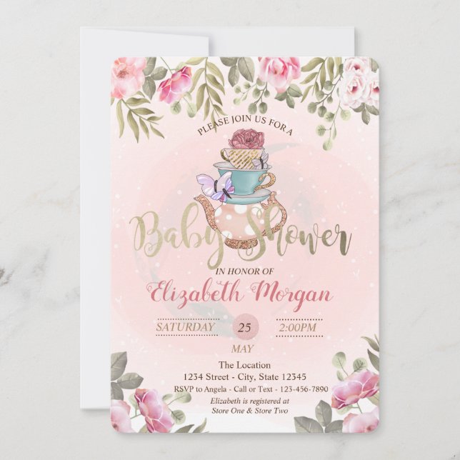 Convite Bule de Chá de Flores em Aquarela  Chá de Bebê (Frente)