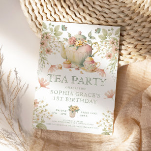 Convite Bule de chá e copos de chá, flores silvestres selv