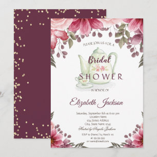 Convite Bule de chá em diamantes dourados floral burgundy
