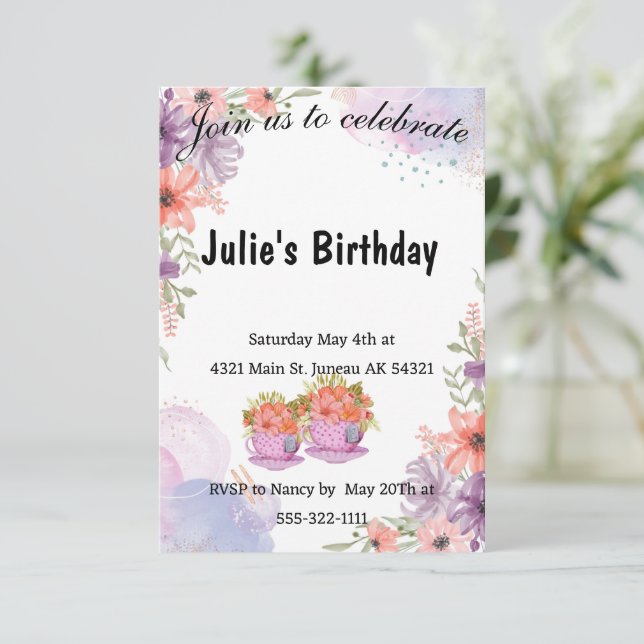 Convite Bule de chá floral lavanda aniversário  (Em pé/Frente)