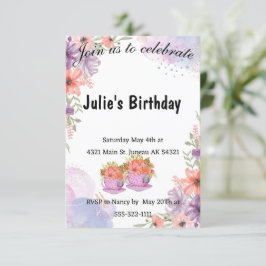 Convite Bule de chá floral lavanda aniversário 
