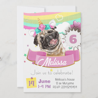 convite bulldog, Pug Unicórnio Cachorrinho Anivers
