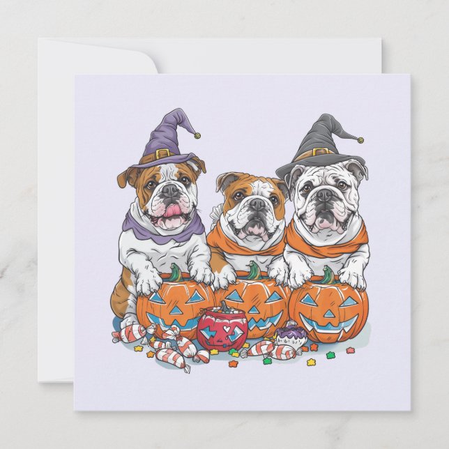 Convite Bulldogs Ingleses de Halloween Abóbora (Frente)