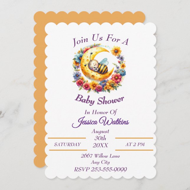 Convite Bumble Bebê bonito dormindo em meia lua (Frente/Verso)