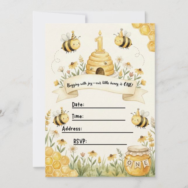 Convite Bumble Bee 1st Birthday Invitation  (Frente)