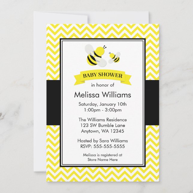 Convite Bumble Bee Chevron Baby Shower (Frente)