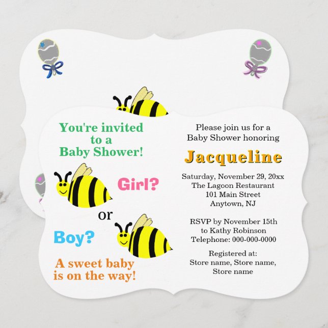 Convite Bumble Bee Pink Blue Rattles Baby Shower (Frente/Verso)