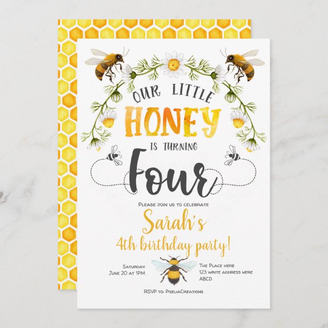 Convite Bumble Bee. Querida, Bee, 4 anos (Frente/Verso)