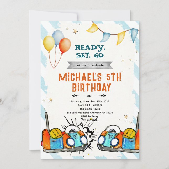Convite Bumper car birthday party invitation (Frente)