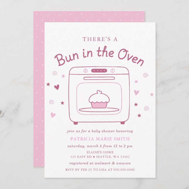 Convite Bun In The Oven Pink Baby Girl Baby Shower (Frente/Verso)