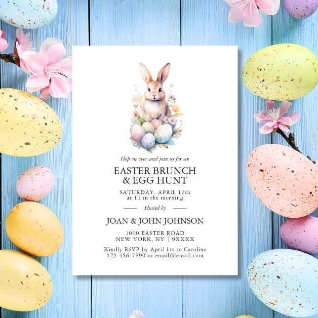 Convite BUNCH & HUNT - Páscoa de Ovos de Coelho d'Água (Bunny Watercolor Eggs Easter BRUNCH & HUNT Invitation)