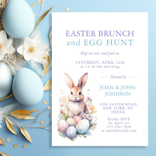 Convite BUNCH & HUNT - Páscoa de Ovos de Coelho d'Água (Bunny Watercolor Eggs Easter BRUNCH & HUNT Invitation)