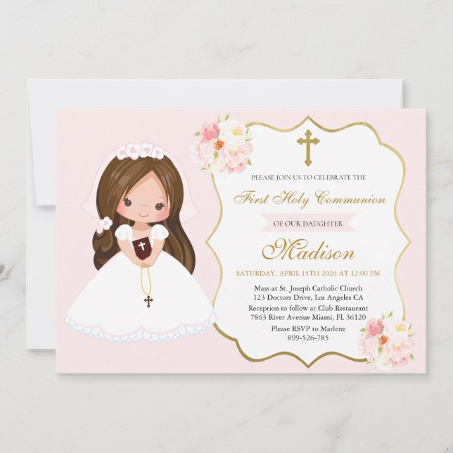 Convite Bunette Girl First Holy Communion Elegant Cute (Frente)
