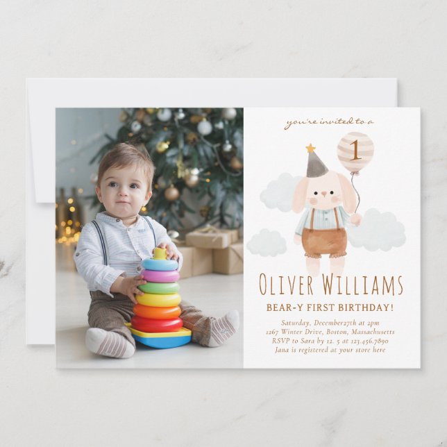 Convite bunny 1st birthday blue balloon (Frente)