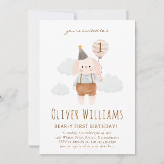 Convite bunny 1st birthday blue balloon