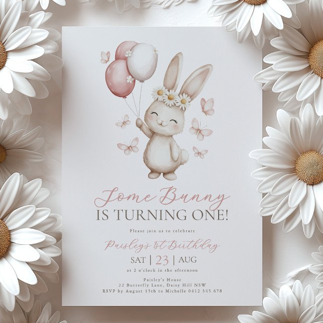 Convite Bunny 1st Birthday Daisy Balloon Butterfly (Some Bunny is 1! 1st Birthday Invitation with bunny, daisies, butterflies and balloons)