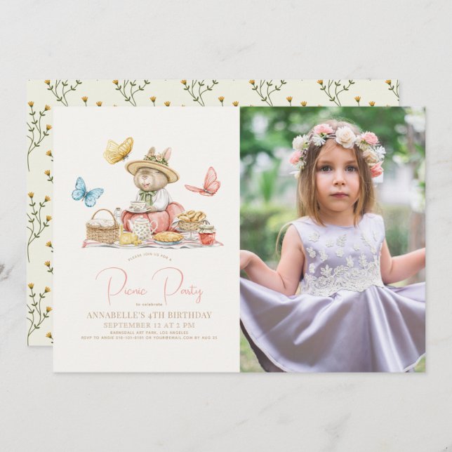 Convite Bunny & Butterflies Picnic Tea Party Birthday Phot (Frente/Verso)