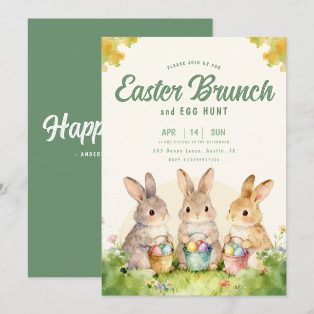 Convite  Bunny Easter Brunch Egg Hunt Pastel Watercolor (Frente/Verso)