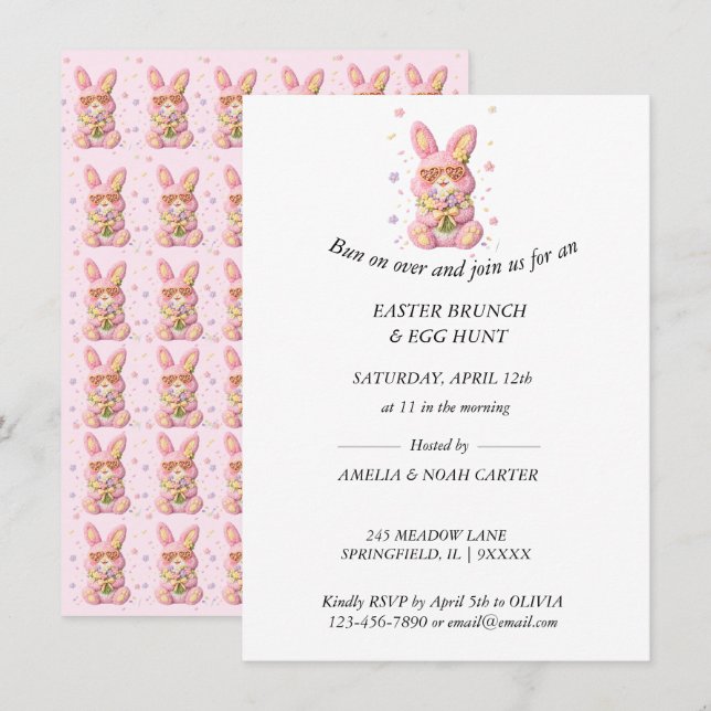 Convite Bunny Embroidered Easter BRUNCH & HUNT (Frente/Verso)