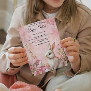 Convite Bunny Floral e ovos felz pascoa rosa