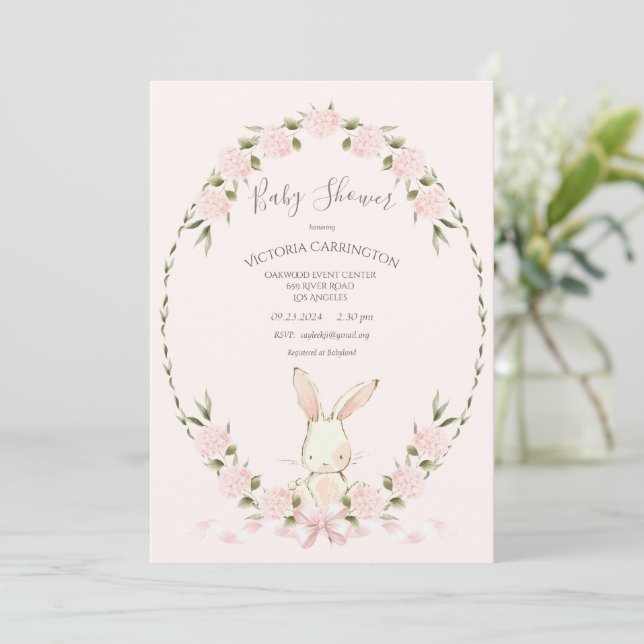 Convite Bunny Floral Hydrangeas Pink Girl Baby Shower (Em pé/Frente)