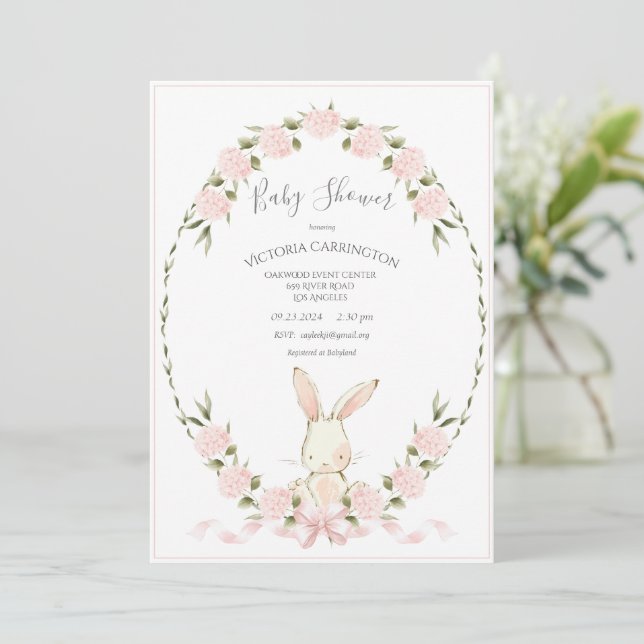 Convite Bunny Floral Hydrangeas Pink Girl Baby Shower (Em pé/Frente)