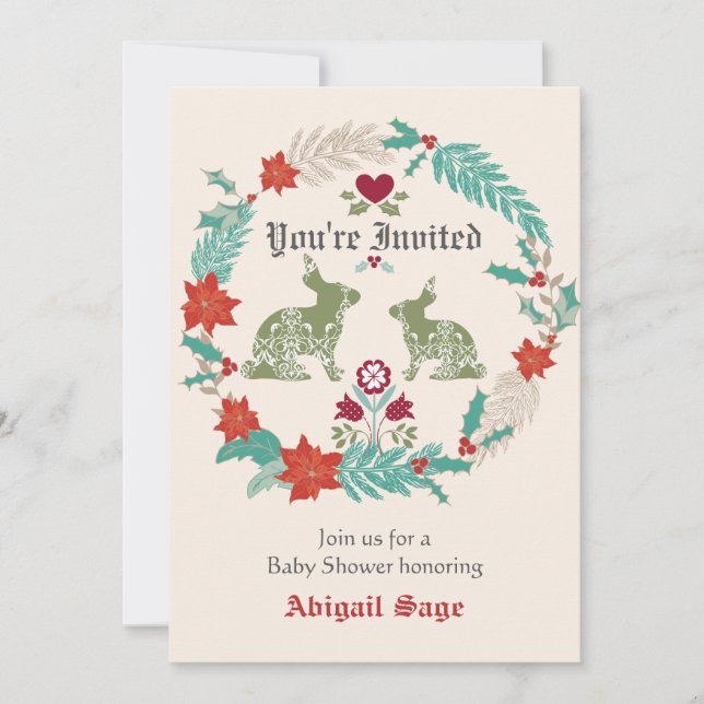Convite Bunny Folk Art Wreath Winter Neutral Chá de fralda (Frente)