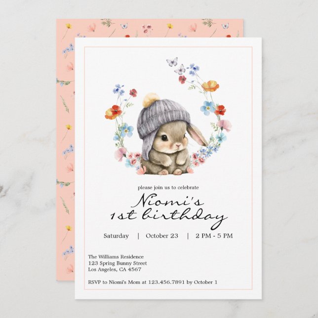 Convite Bunny Garden First Birthday Invitation (Frente/Verso)