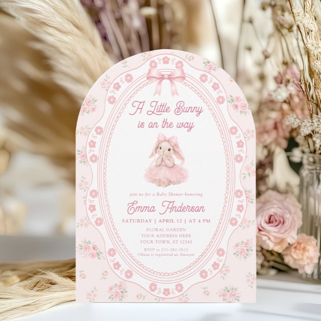 Convite Bunny Pink Bow Floral Baby Shower Invitation (Criador carregado)