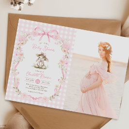 Convite Bunny Pink Bow Gingham Baby Shower Photo
