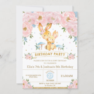 Convite Bunny Rabbit Floral Joint Birthday Irmão Irmão