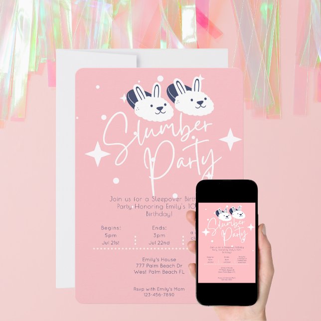 Convite Bunny Slippers Festa Sleepover Noite (Criador carregado)