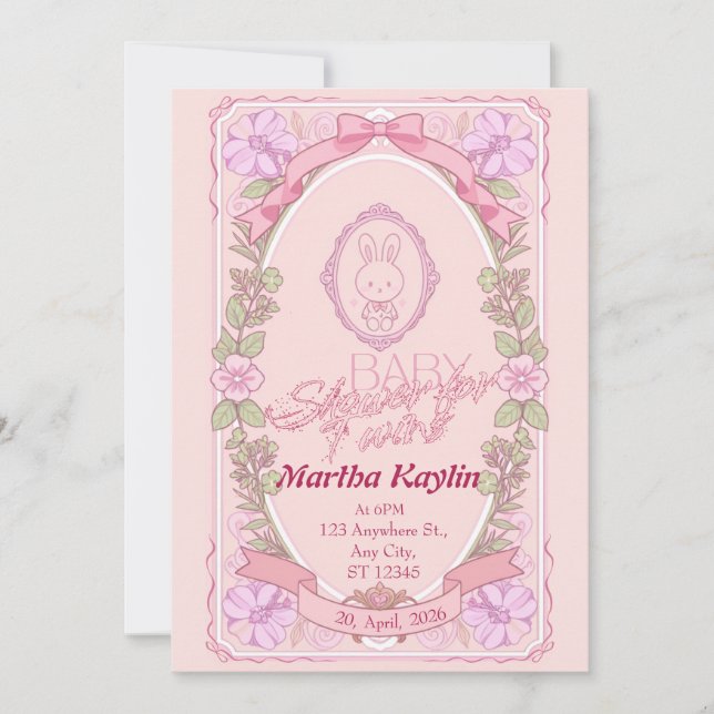 Convite Bunny Twin Baby Shower Invitation (Frente)