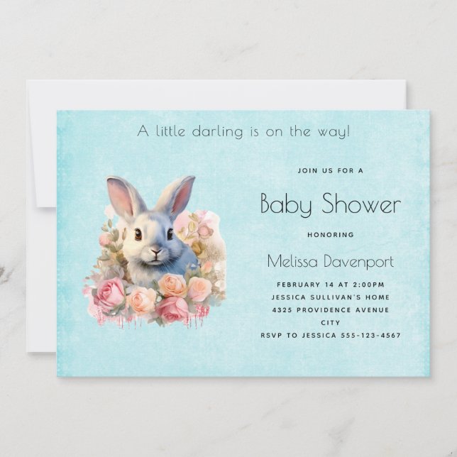 Convite Bunny with a Garland of Roses Cute Baby Shower (Frente)