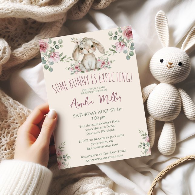 Convite Bunny Woodland Forest (Some Bunny is Expecting  Boho Floral Watercolor Roses Baby Shower Invitation)
