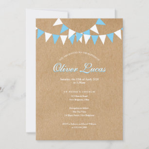 Convite Bunting Azul Bebê Batismo Batizado Rústico